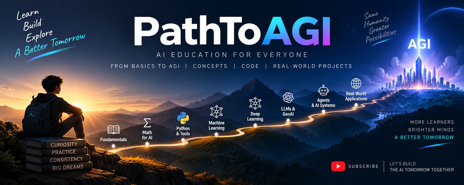 PathToAGI — a lit path climbing from fundamentals through maths, Python,
                machine learning and deep learning to real-world applications.